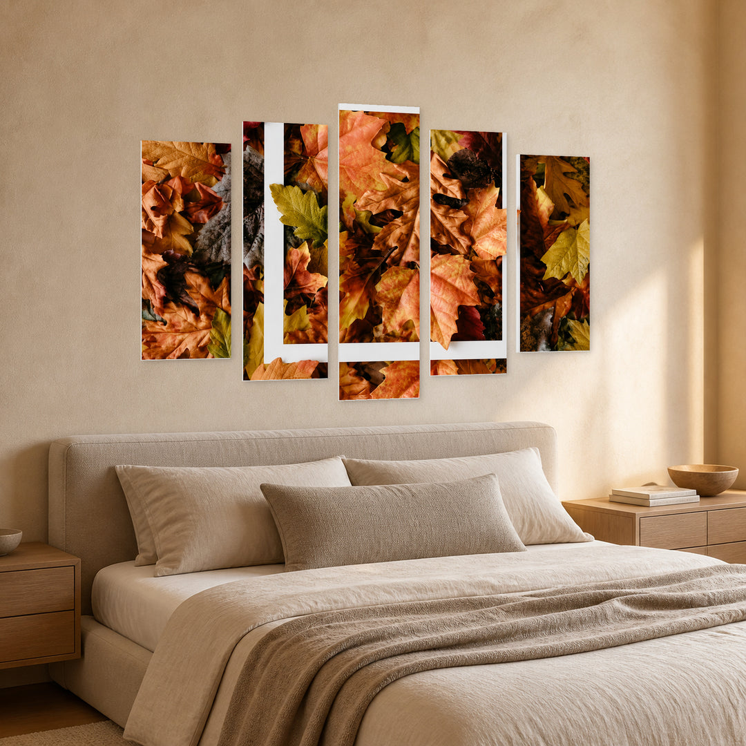 Autumn Leaves and Square Frame in Serene Light — five-panel wall art in perspective interior | 5wallart 54387 M2