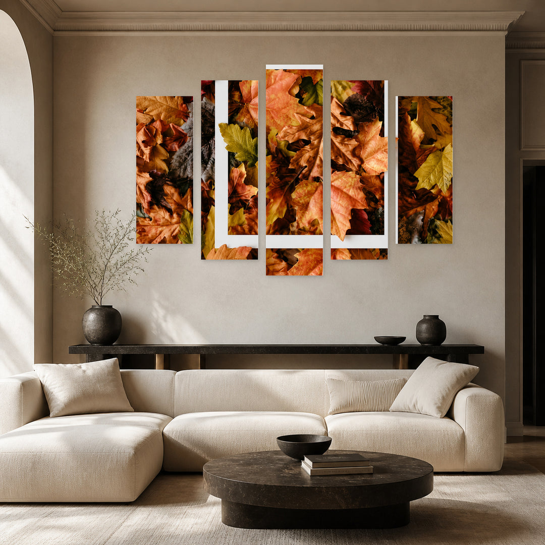Autumn Leaves and Square Frame in Serene Light — five-panel wall art in frontal interior | 5wallart 54387 M3