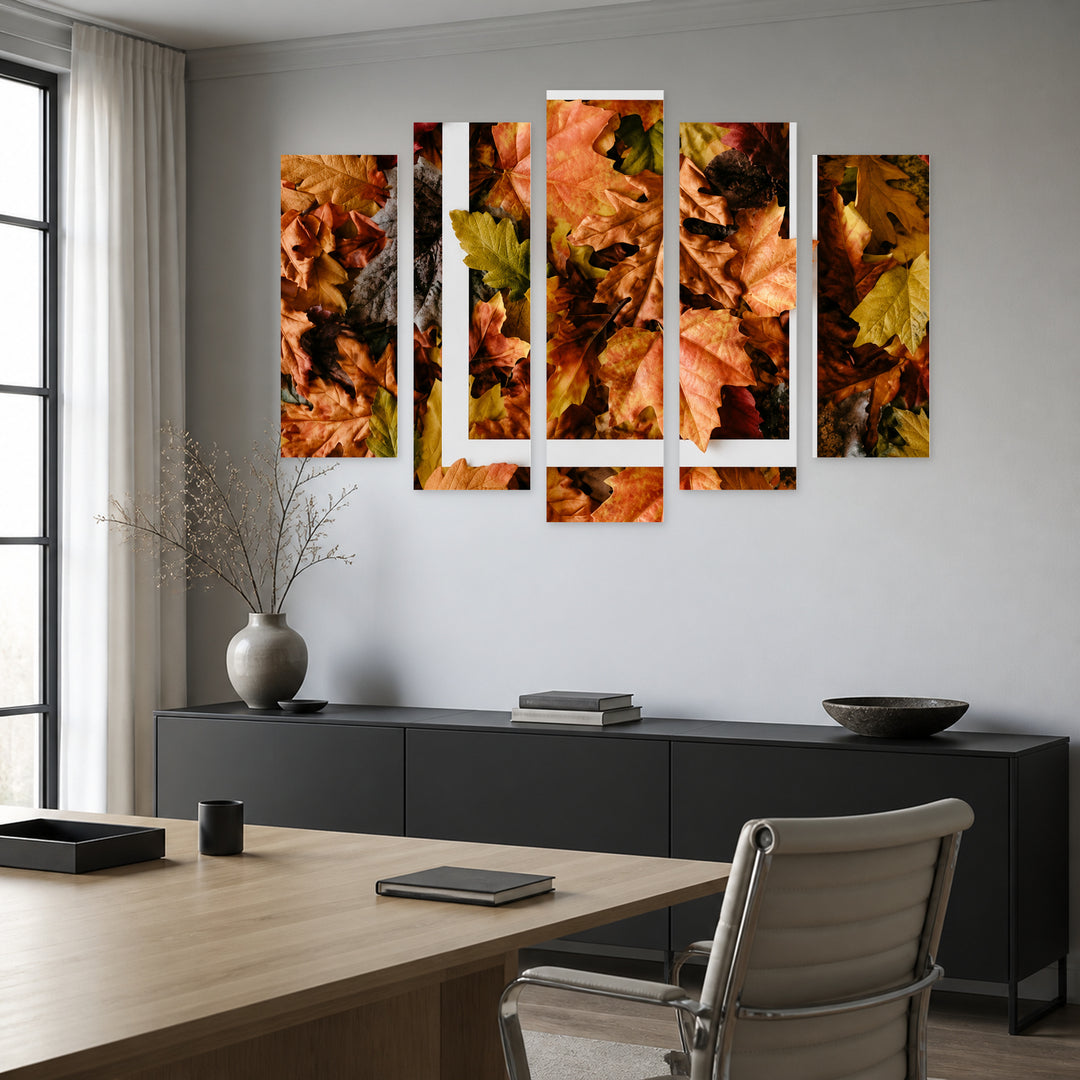 Autumn Leaves and Square Frame in Serene Light — five-panel wall art in alternate frontal interior | 5wallart 54387 M4