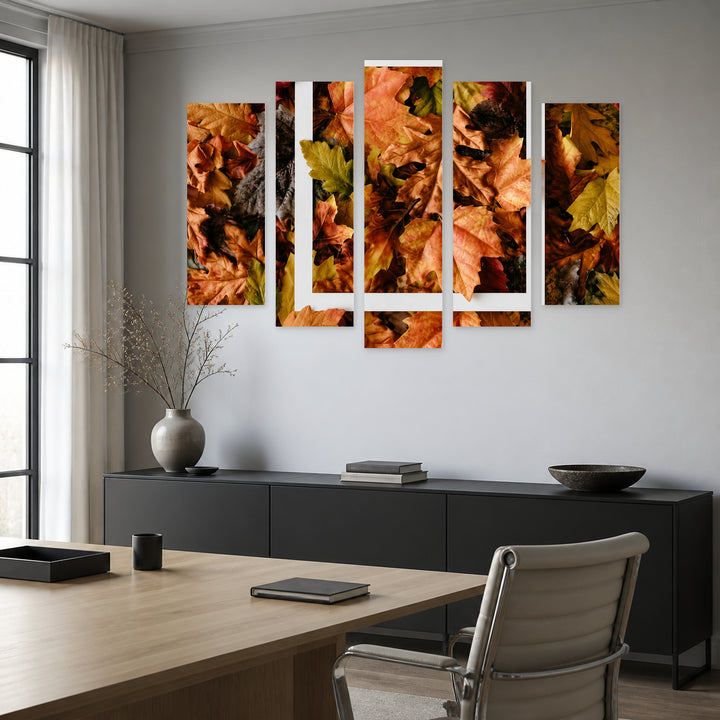 Autumn Leaves and Square Frame in Serene Light — five-panel wall art in alternate frontal interior | 5wallart 54387 M4