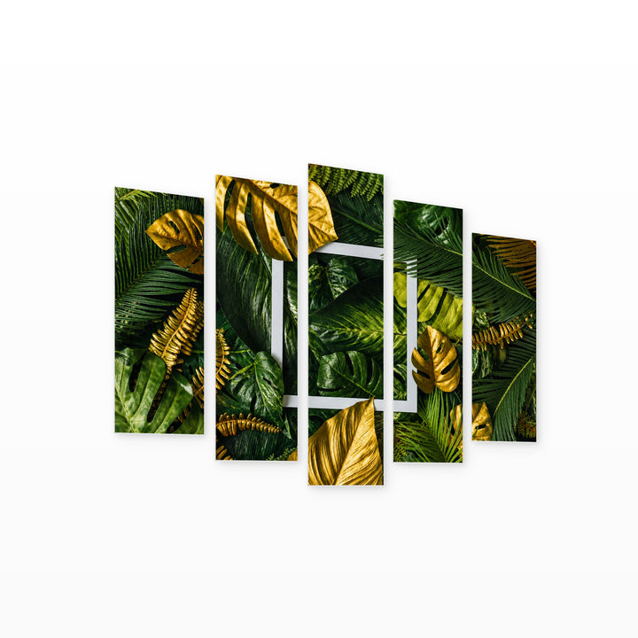 Tropical Leaves and Square Frame in Vivid Color — five-panel wall art on white background in perspective | 5wallart 54388 M1