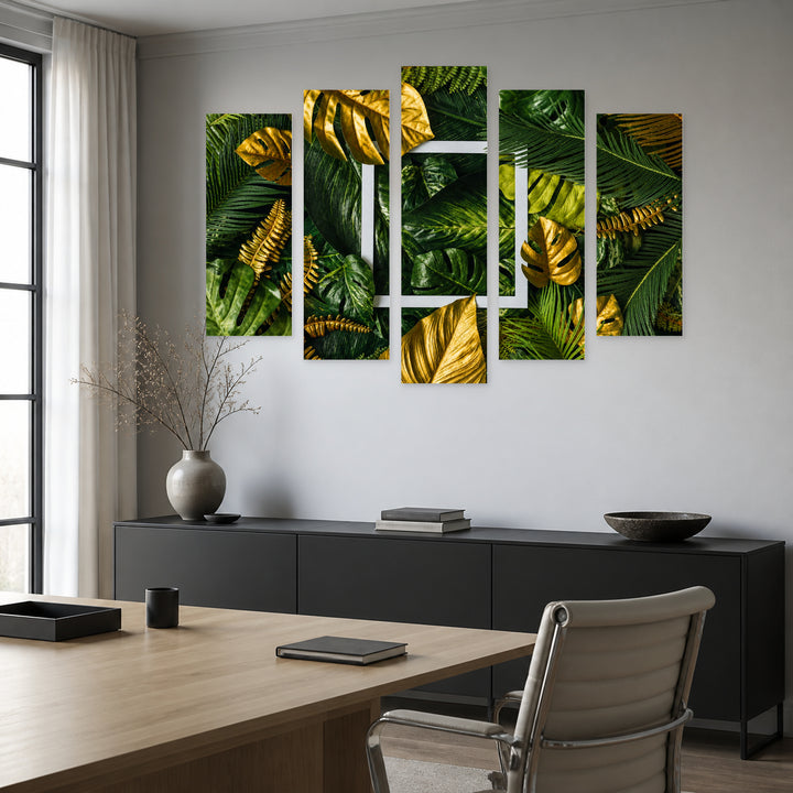Tropical Leaves and Square Frame in Vivid Color — five-panel wall art in frontal interior | 5wallart 54388 M3