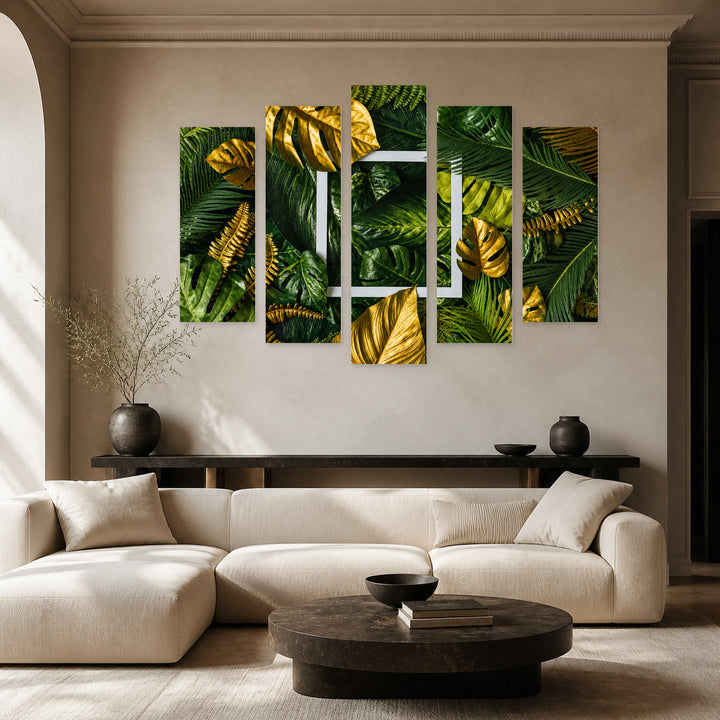 Tropical Leaves and Square Frame in Vivid Color — five-panel wall art in alternate frontal interior | 5wallart 54388 M4