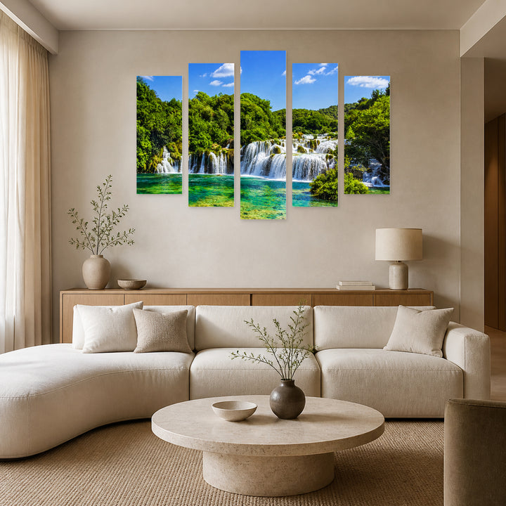 Lake in Croatia with Dreamlike Atmosphere — five-panel wall art in alternate frontal interior | 5wallart 54390 M4