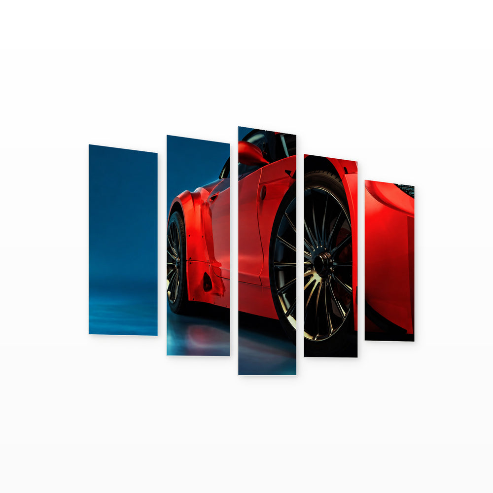 Modern Red Car with Dramatic Contrast — five-panel wall art on white background in perspective | 5wallart 54408 M1