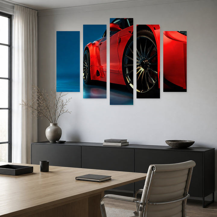 Modern Red Car with Dramatic Contrast — five-panel wall art in frontal interior | 5wallart 54408 M3