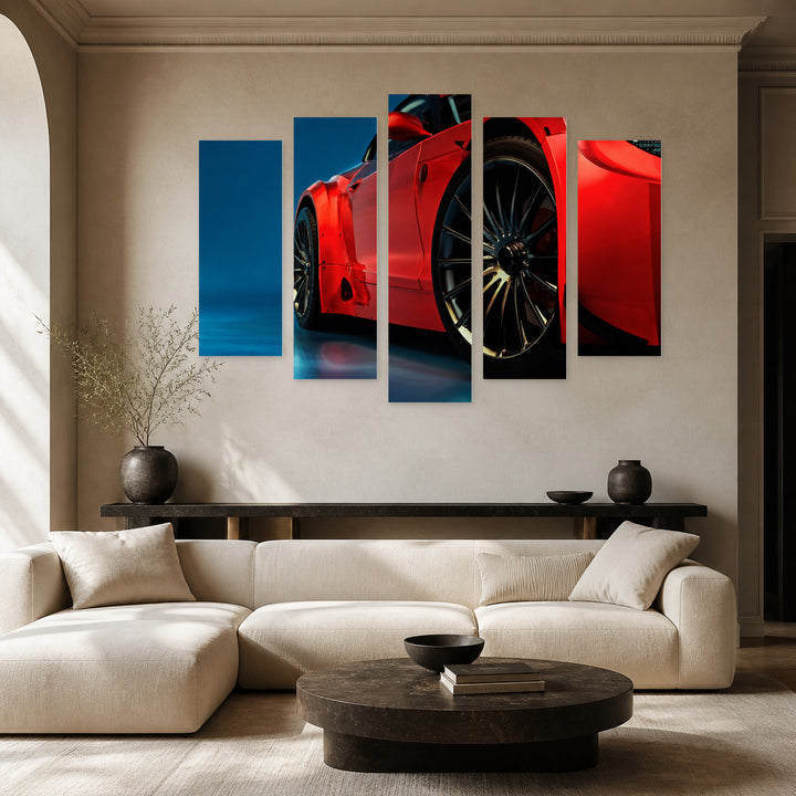 Modern Red Car with Dramatic Contrast — five-panel wall art in alternate frontal interior | 5wallart 54408 M4