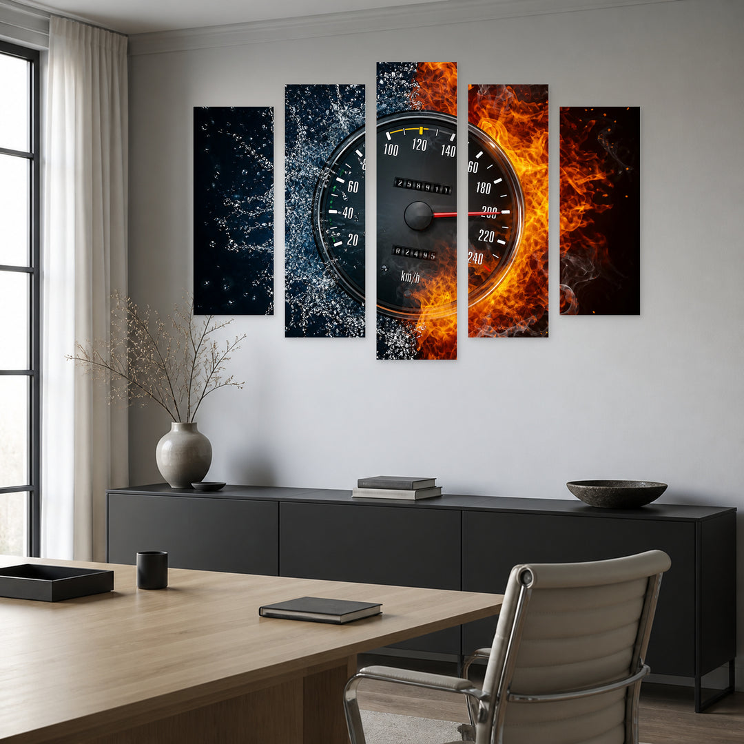 Speedometer at Night — five-panel wall art in alternate frontal interior | 5wallart 54409 M4