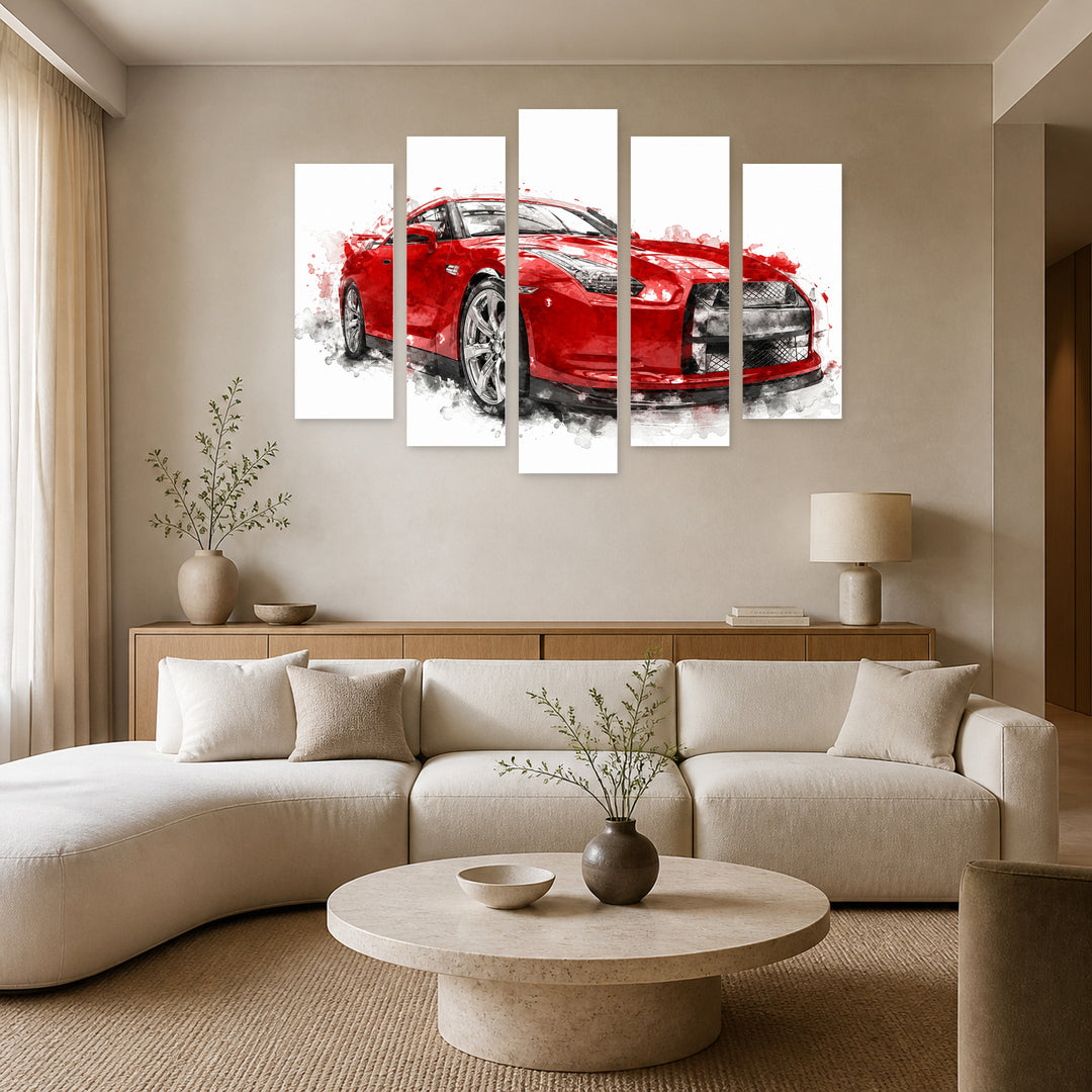 Sports Car Illustration with Dramatic Contrast — five-panel wall art in alternate frontal interior | 5wallart 54410 M4