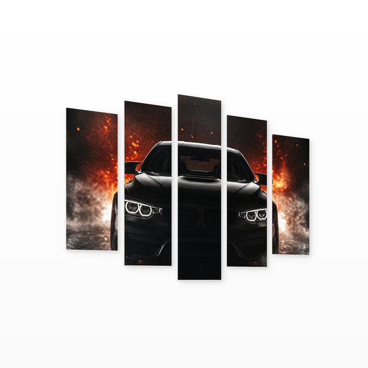 Black Luxury Car with Dramatic Contrast — five-panel wall art on white background in perspective | 5wallart 54412 M1