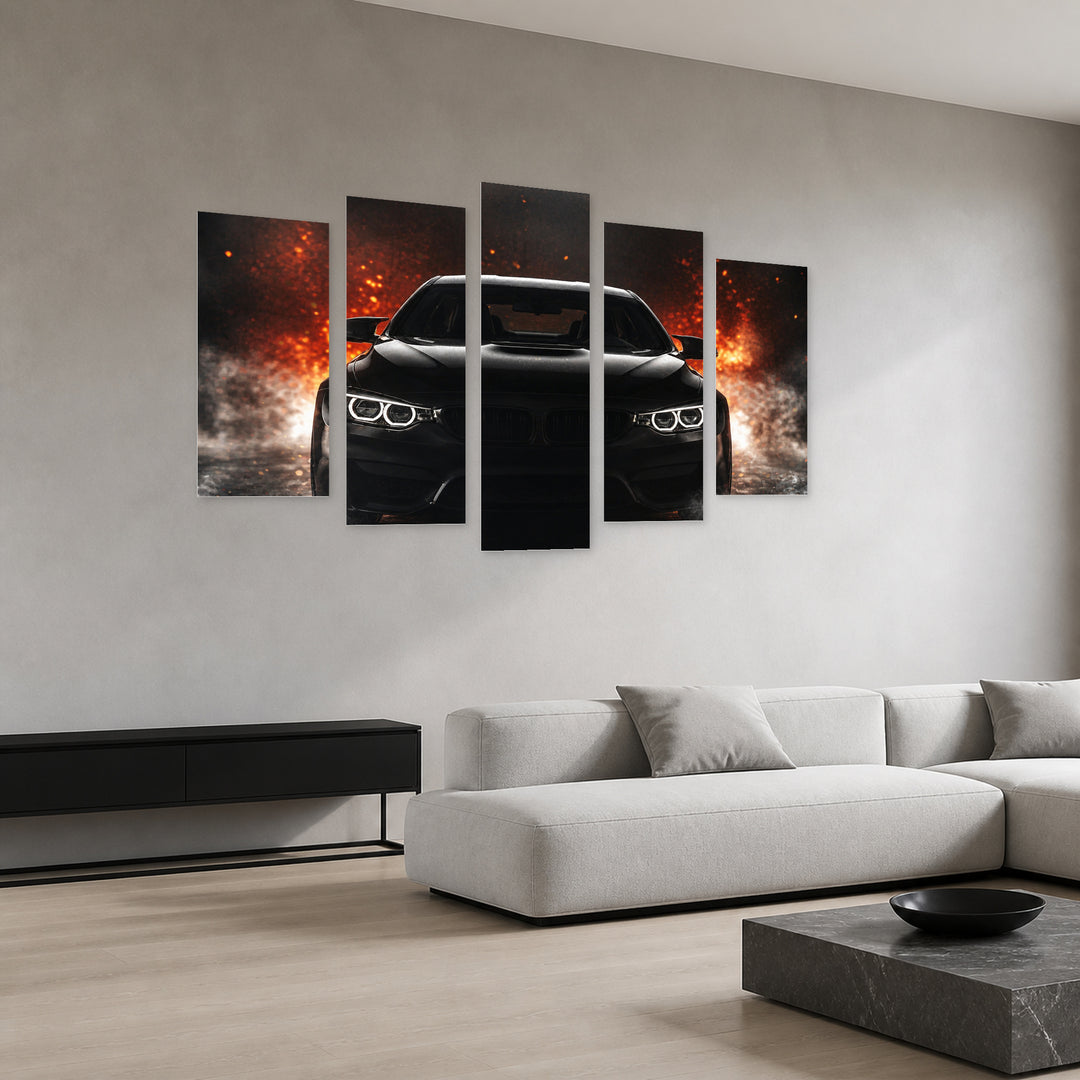Black Luxury Car with Dramatic Contrast — five-panel wall art in perspective interior | 5wallart 54412 M2