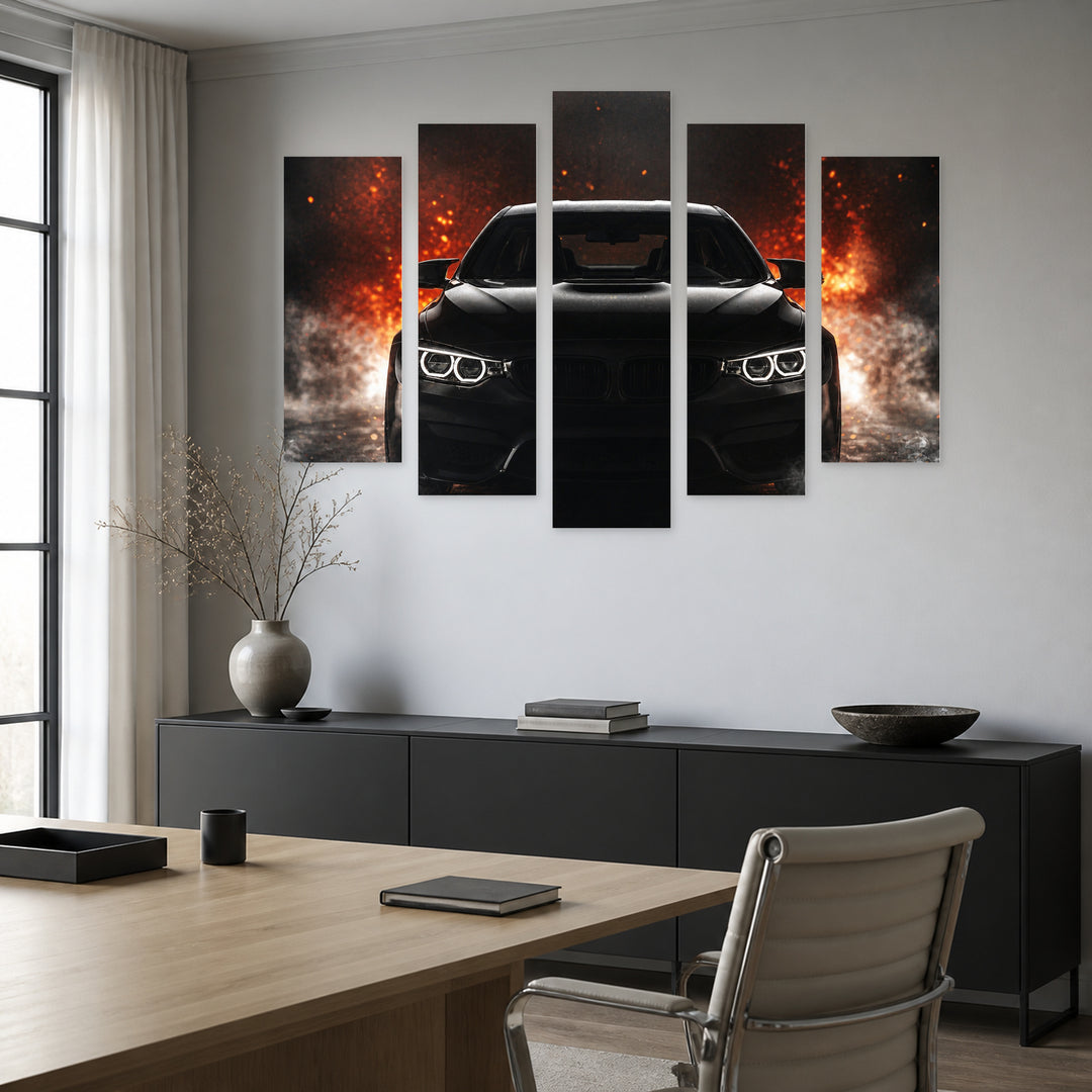 Black Luxury Car with Dramatic Contrast — five-panel wall art in frontal interior | 5wallart 54412 M3