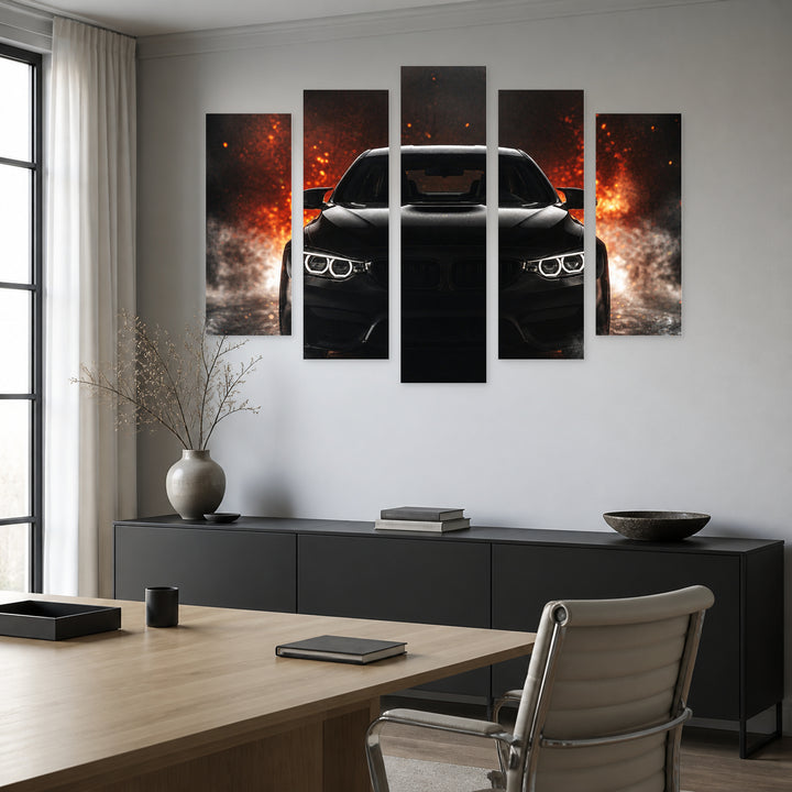 Black Luxury Car with Dramatic Contrast — five-panel wall art in frontal interior | 5wallart 54412 M3