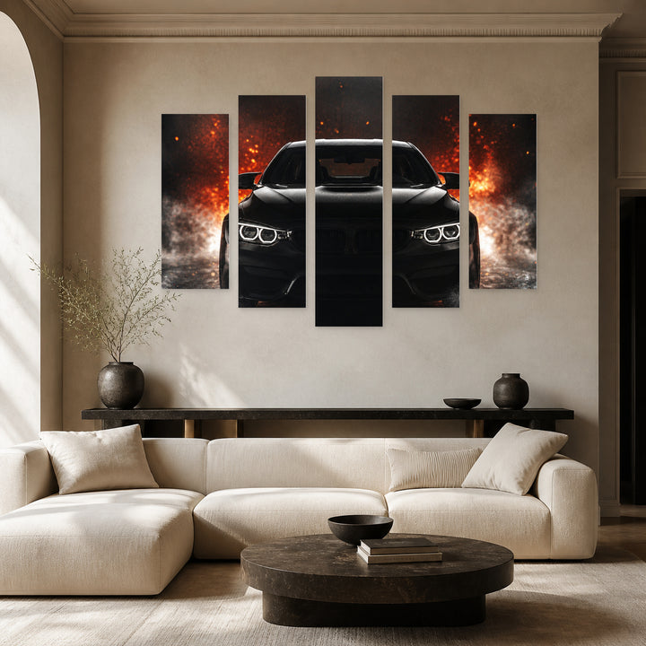 Black Luxury Car with Dramatic Contrast — five-panel wall art in alternate frontal interior | 5wallart 54412 M4