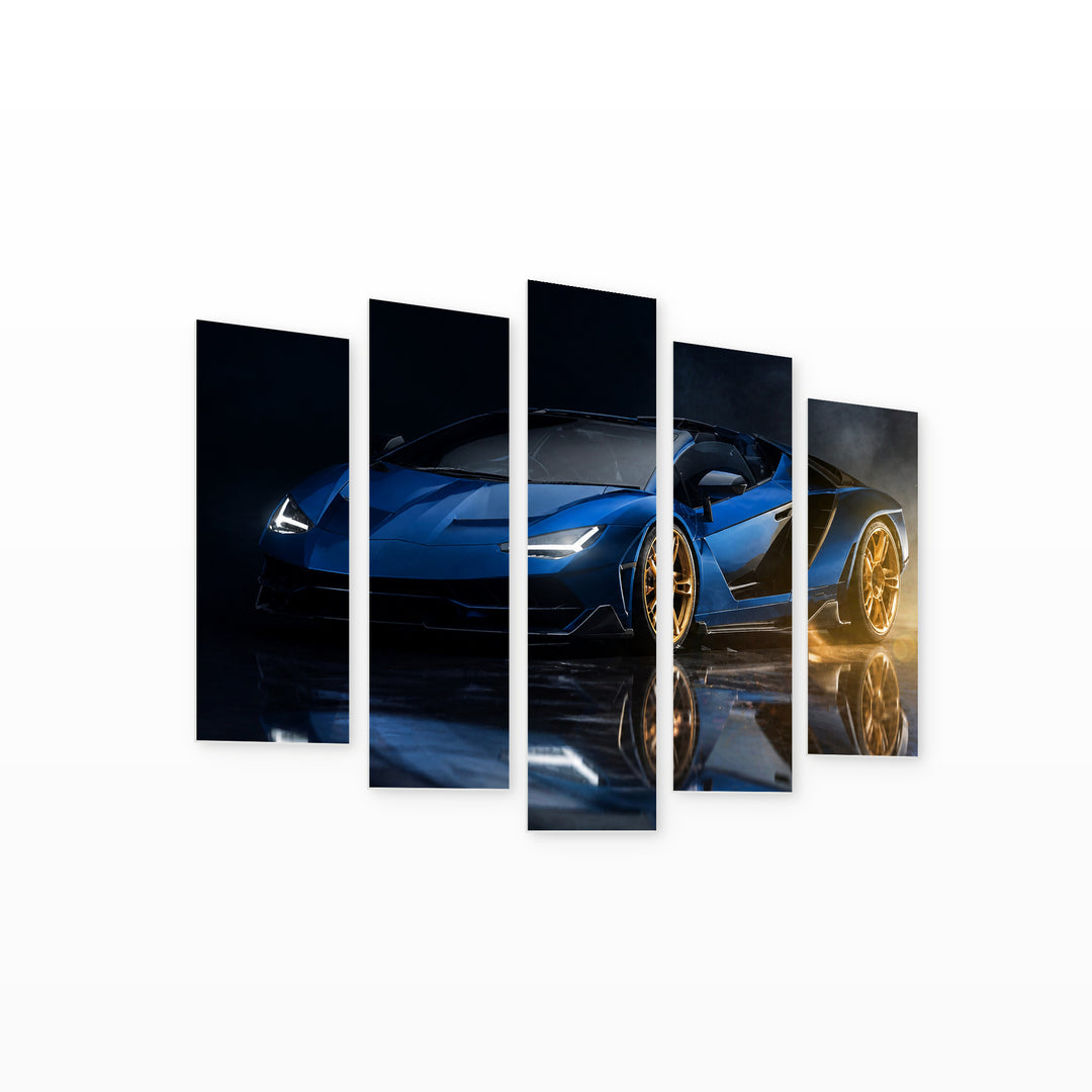 Fast Luxury Car in Blue and Gold — five-panel wall art on white background in perspective | 5wallart 54415 M1