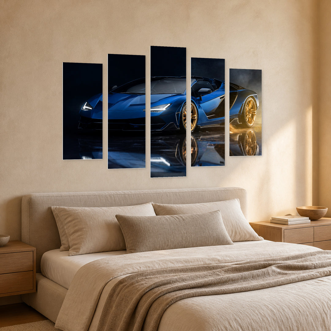 Fast Luxury Car in Blue and Gold — five-panel wall art in perspective interior | 5wallart 54415 M2