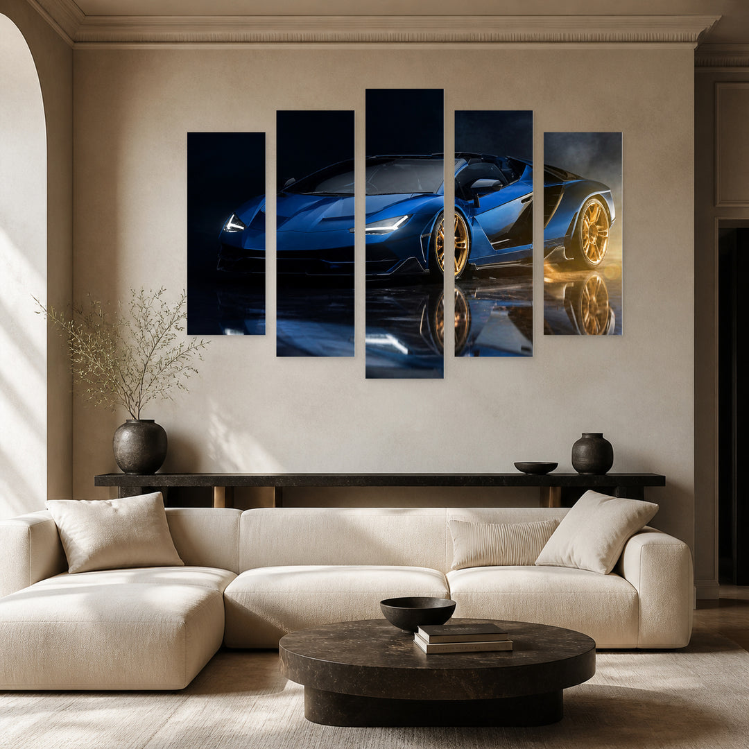 Fast Luxury Car in Blue and Gold — five-panel wall art in frontal interior | 5wallart 54415 M3