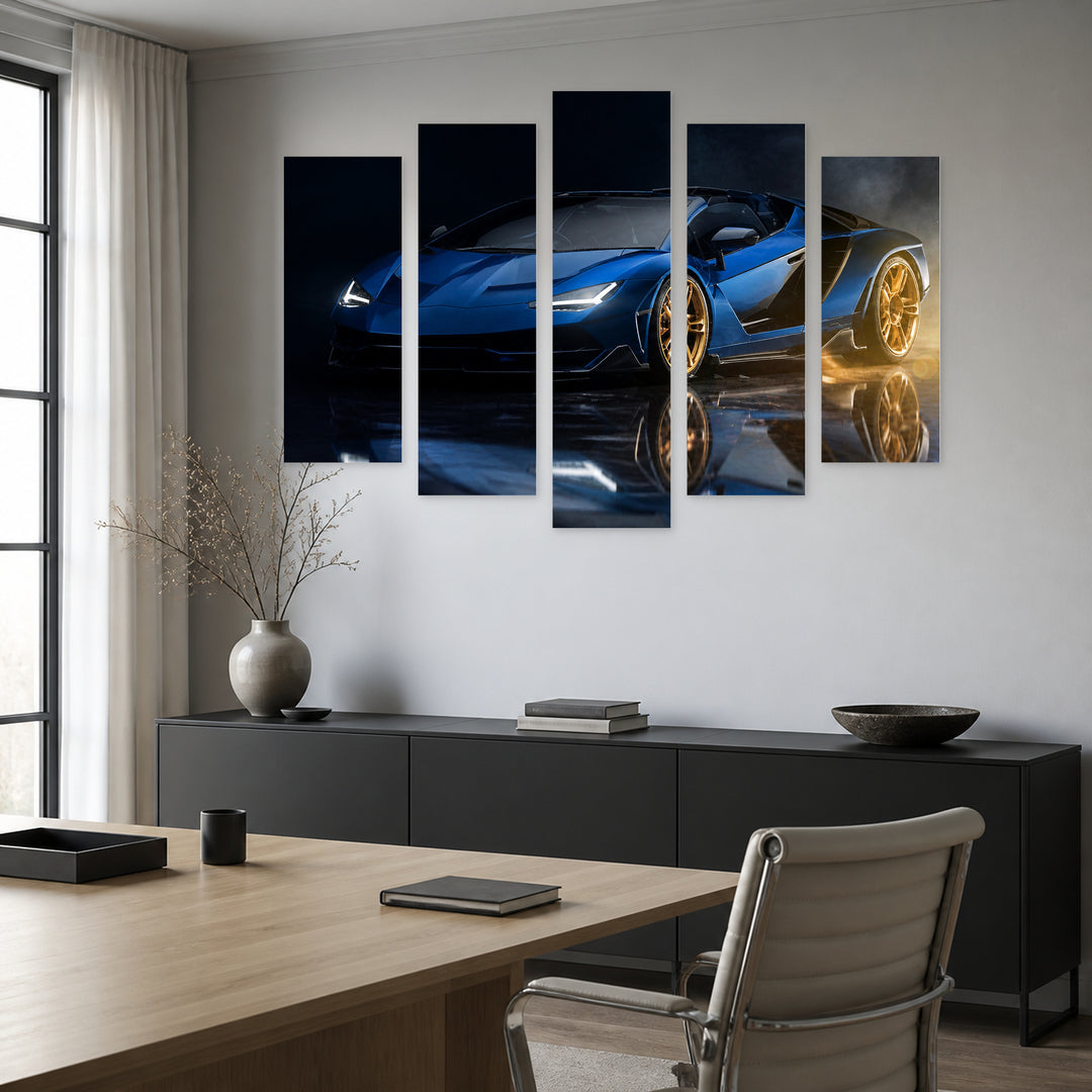 Fast Luxury Car in Blue and Gold — five-panel wall art in alternate frontal interior | 5wallart 54415 M4