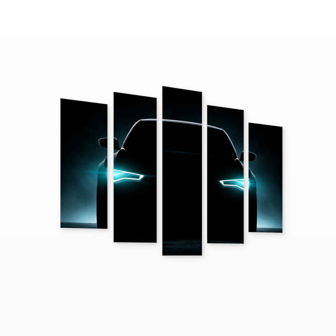 Car Silhouette with Headlights on with Dramatic Contrast — five-panel wall art on white background in perspective | 5wallart 54416 M1