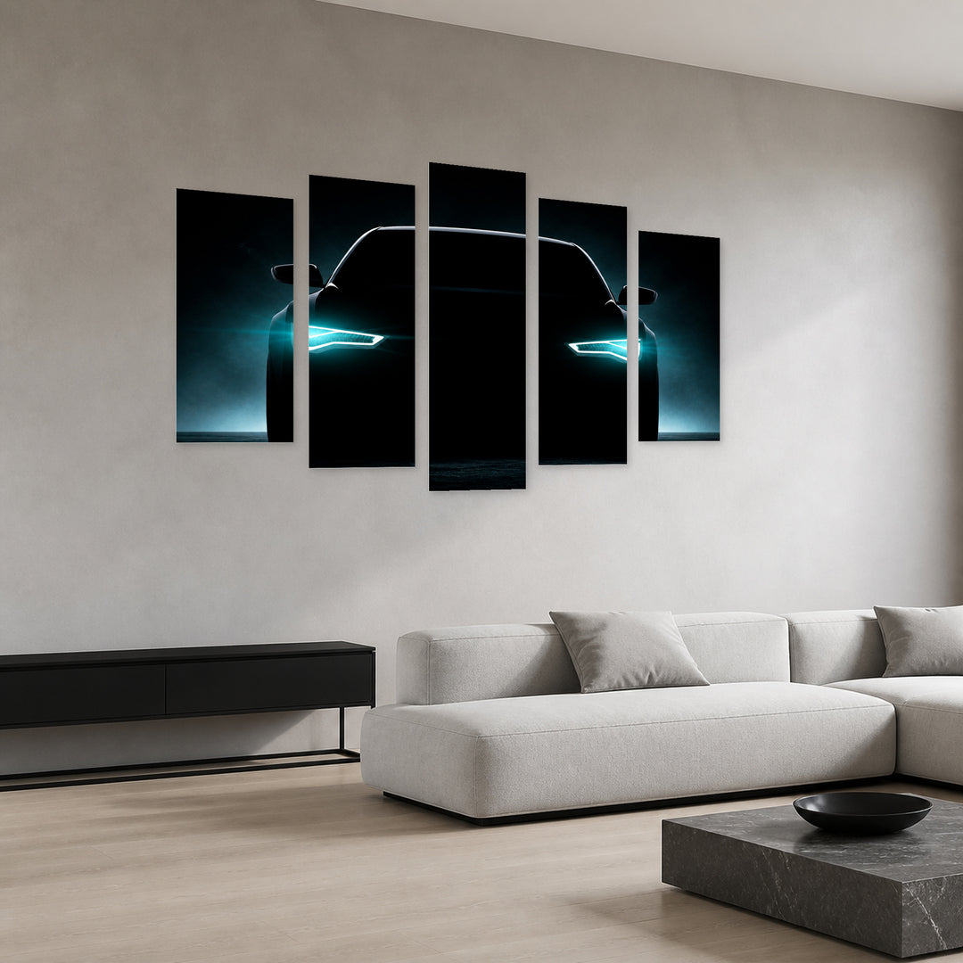 Car Silhouette with Headlights on with Dramatic Contrast — five-panel wall art in perspective interior | 5wallart 54416 M2