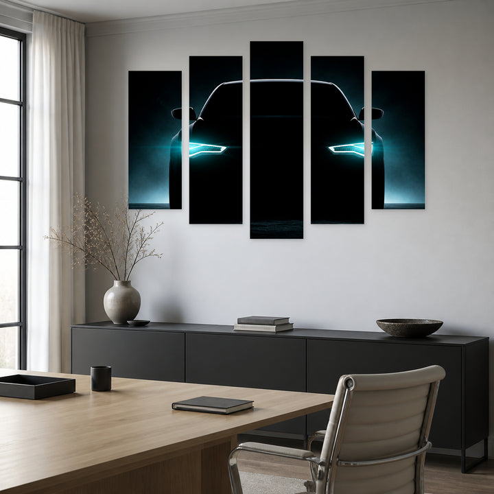 Car Silhouette with Headlights on with Dramatic Contrast — five-panel wall art in frontal interior | 5wallart 54416 M3