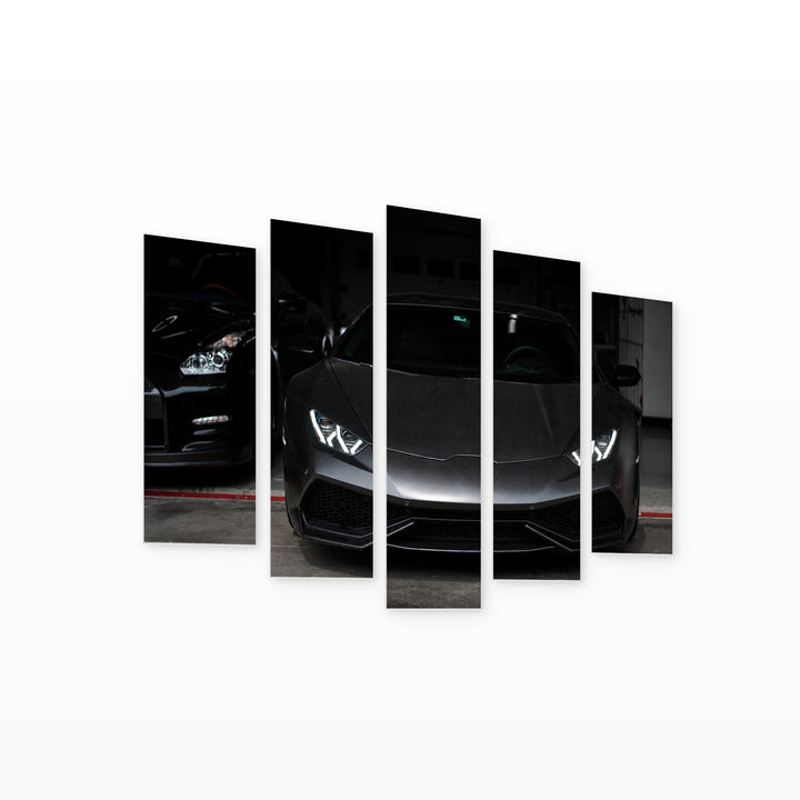 Black Sports Car with Dramatic Contrast — five-panel wall art on white background in perspective | 5wallart 54418 M1