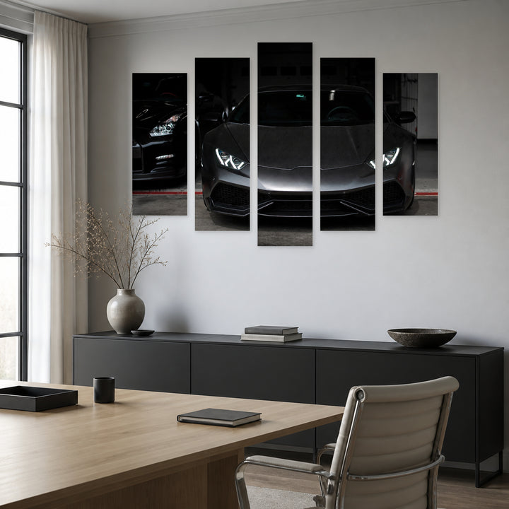 Black Sports Car with Dramatic Contrast — five-panel wall art in frontal interior | 5wallart 54418 M3