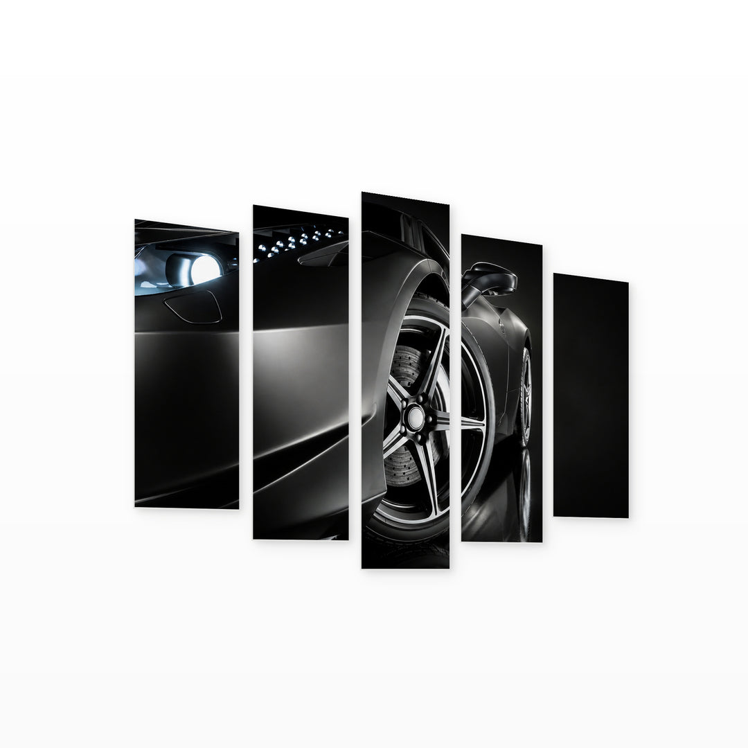 Black Sports Car with Dramatic Contrast II — five-panel wall art on white background in perspective | 5wallart 54420 M1