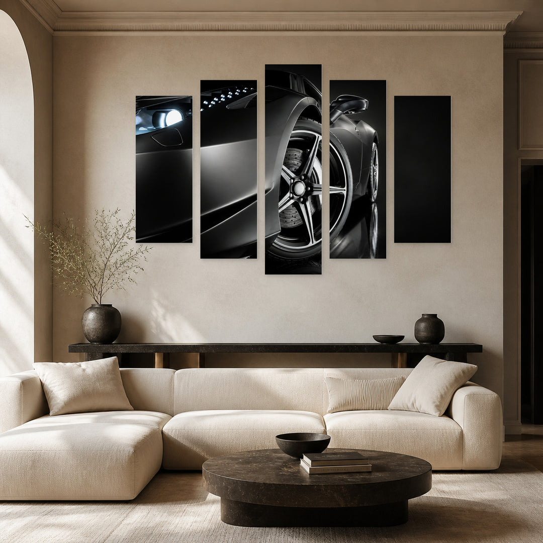 Black Sports Car with Dramatic Contrast II — five-panel wall art in alternate frontal interior | 5wallart 54420 M4