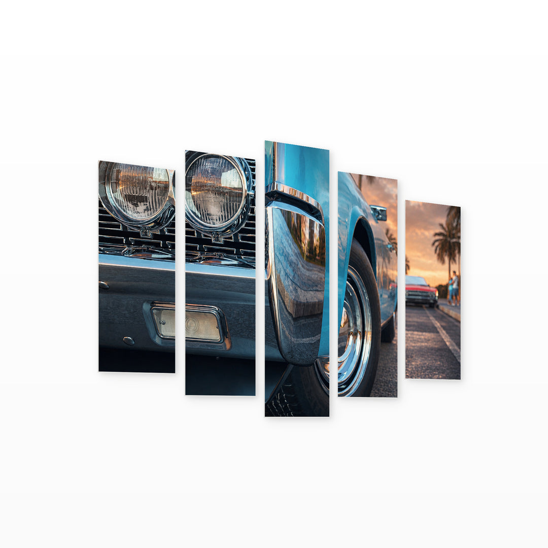 Blue Retro Car with Geometric Rhythm — five-panel wall art on white background in perspective | 5wallart 54421 M1