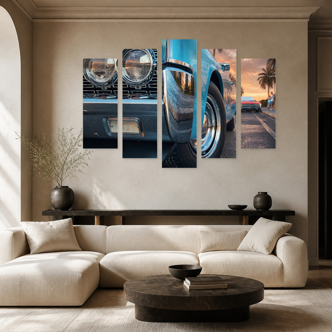 Blue Retro Car with Geometric Rhythm — five-panel wall art in frontal interior | 5wallart 54421 M3