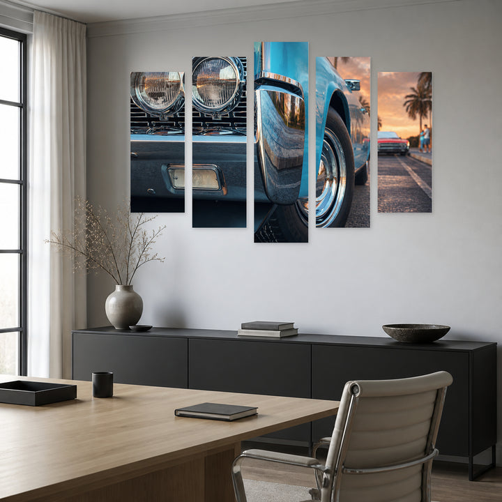 Blue Retro Car with Geometric Rhythm — five-panel wall art in alternate frontal interior | 5wallart 54421 M4