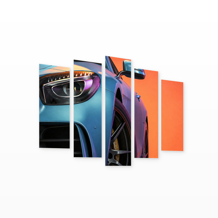 Modern Cars in the Studio Room Motion Study — five-panel wall art on white background in perspective | 5wallart 54422 M1