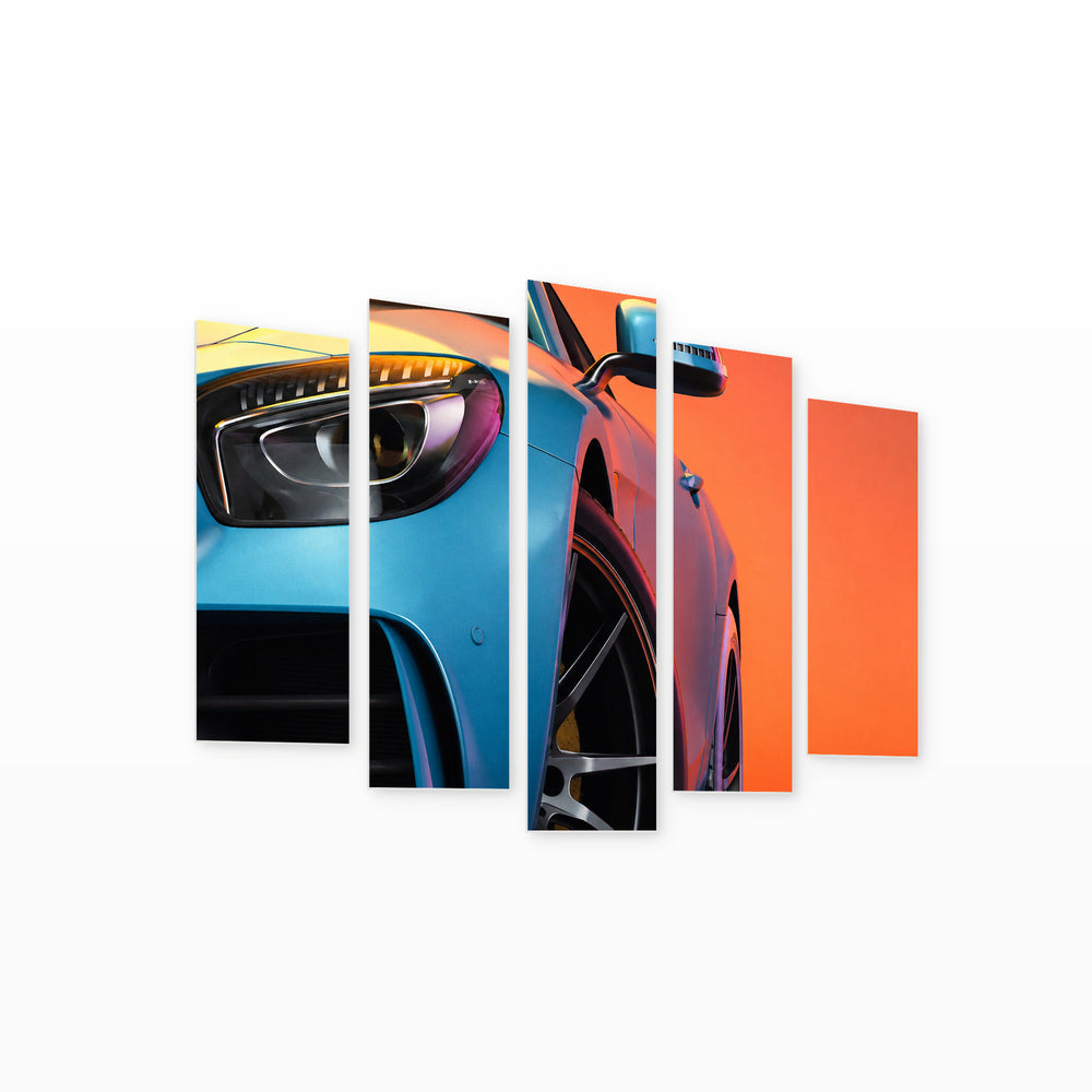Modern Blue Car with Geometric Rhythm — five-panel wall art on white background in perspective | 5wallart 54423 M1
