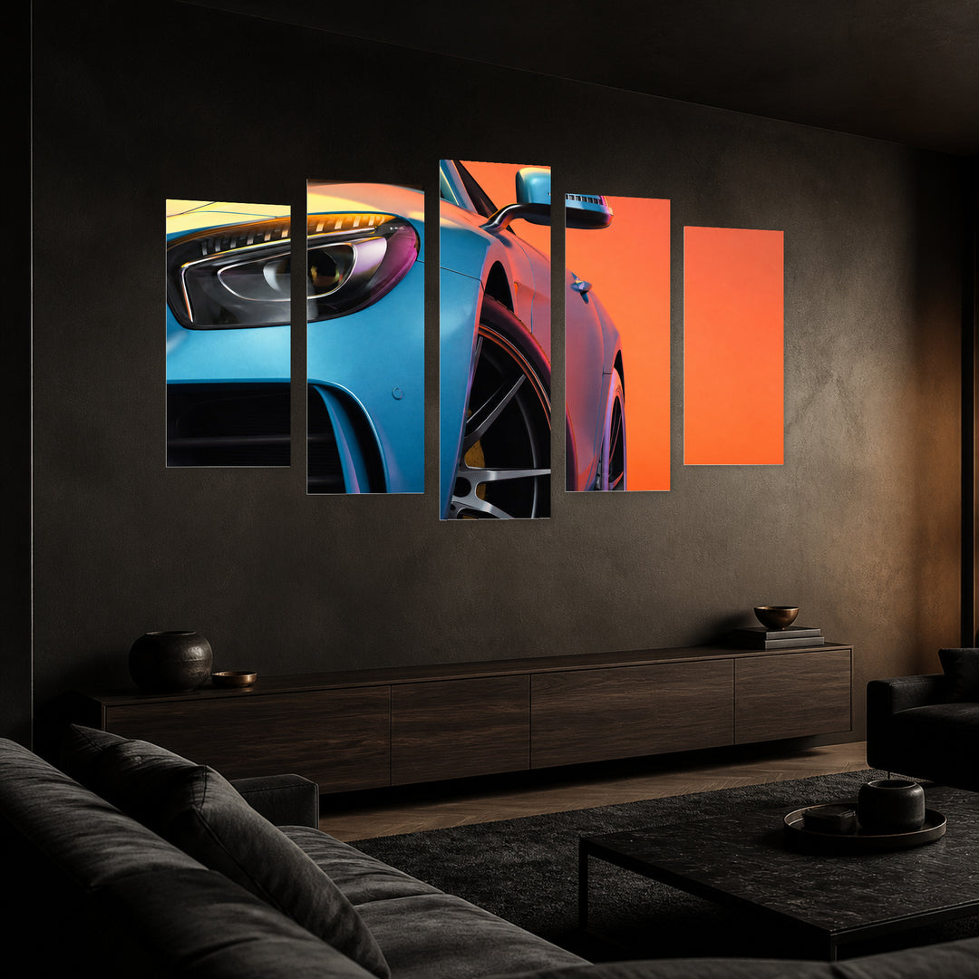 Modern Blue Car with Geometric Rhythm — five-panel wall art in perspective interior | 5wallart 54423 M2