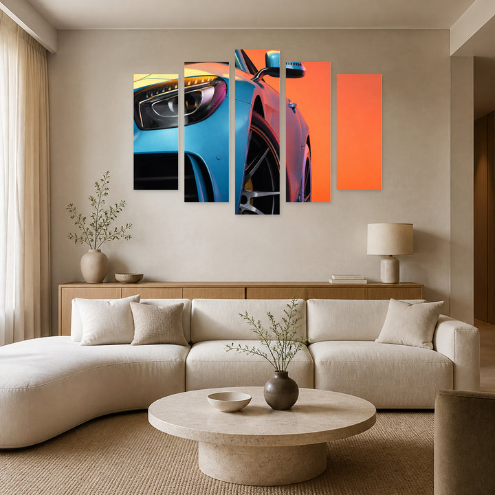 Modern Blue Car with Geometric Rhythm — five-panel wall art in frontal interior | 5wallart 54423 M3