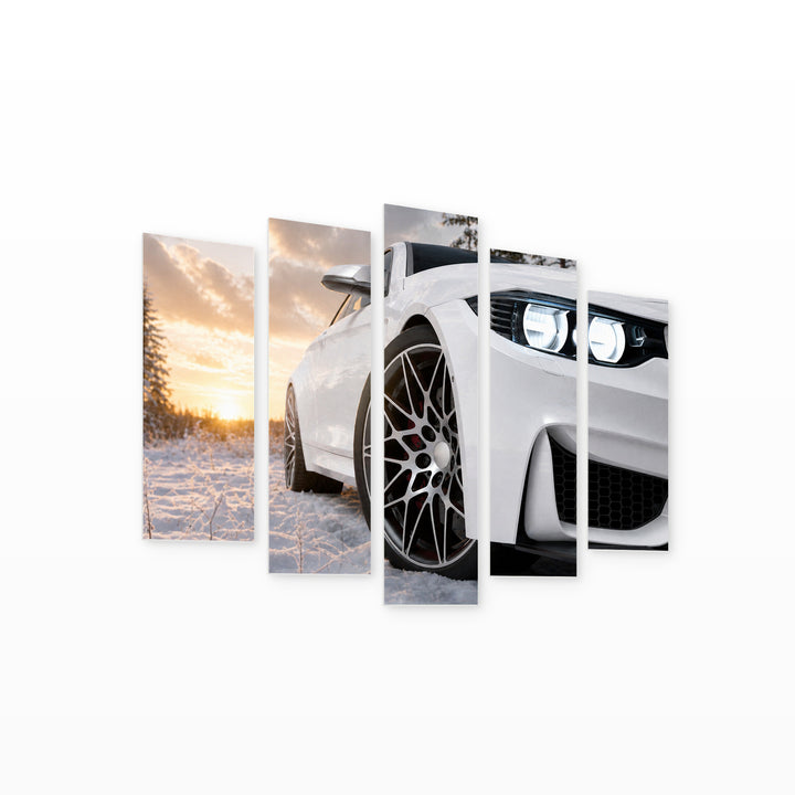 White Car in the Snow in Winter — five-panel wall art on white background in perspective | 5wallart 54424 M1