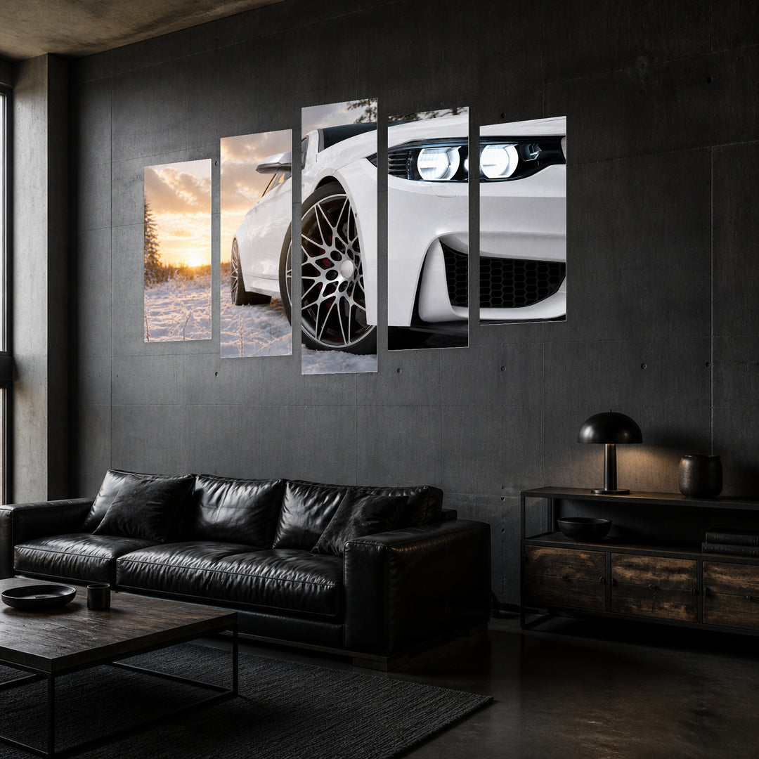 White Car in the Snow in Winter — five-panel wall art in perspective interior | 5wallart 54424 M2
