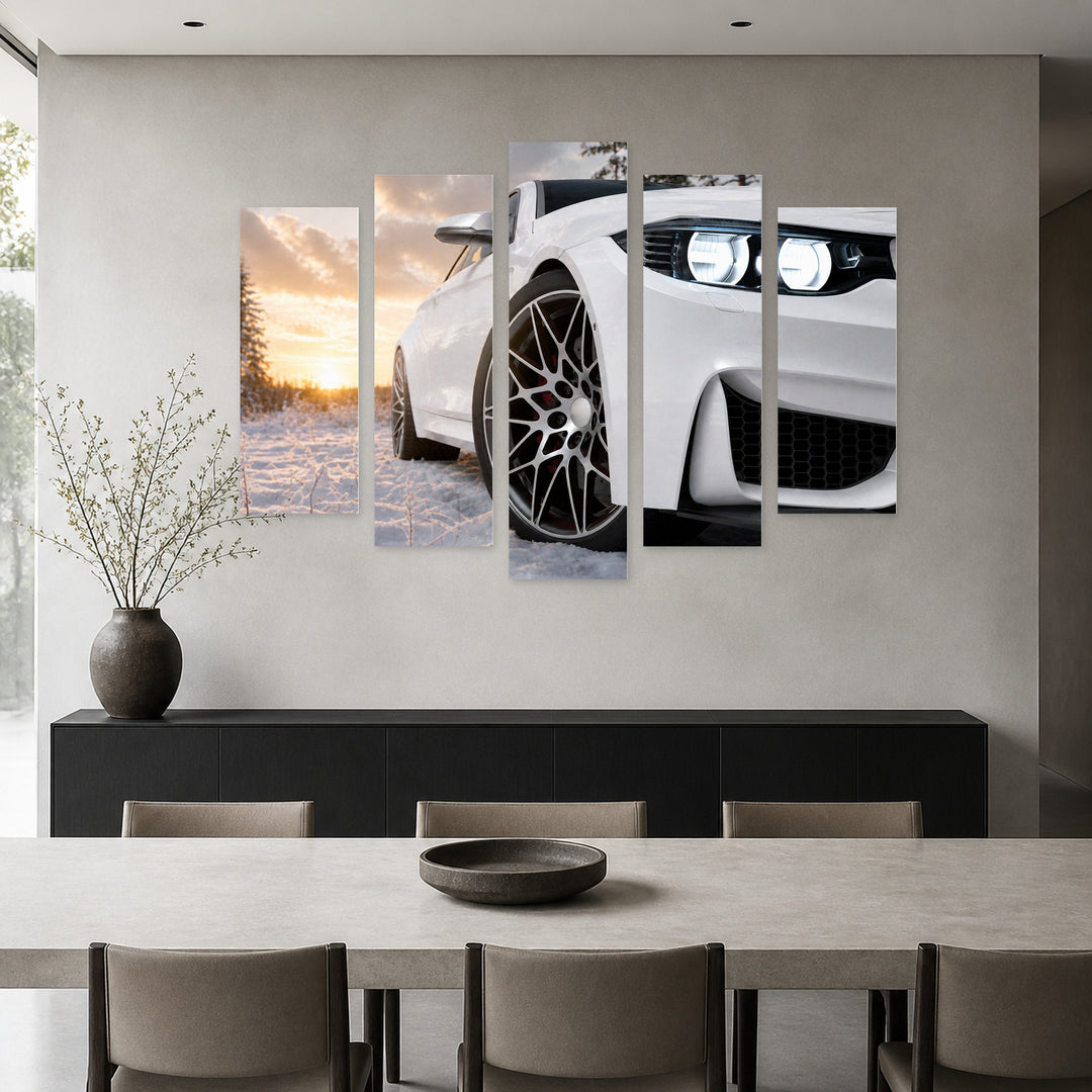 White Car in the Snow in Winter — five-panel wall art in frontal interior | 5wallart 54424 M3