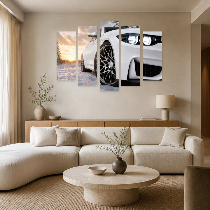 White Car in the Snow in Winter — five-panel wall art in alternate frontal interior | 5wallart 54424 M4