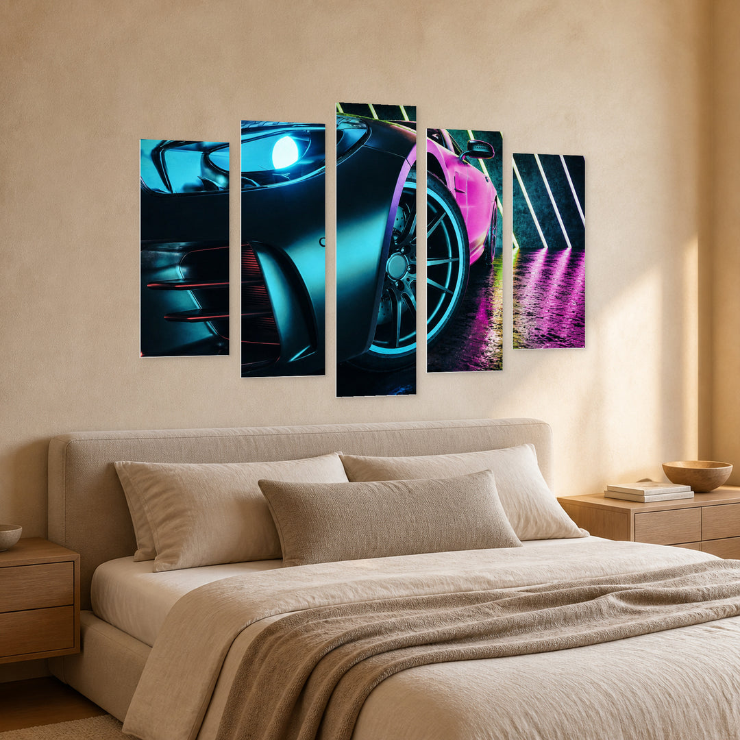 Modern Car at Night — five-panel wall art in perspective interior | 5wallart 54425 M2