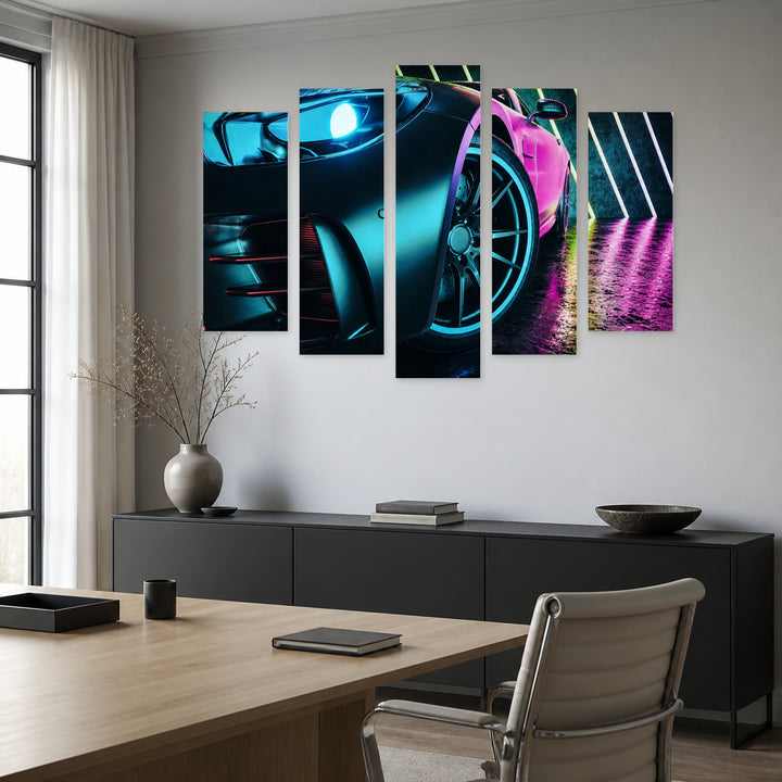 Modern Car at Night — five-panel wall art in alternate frontal interior | 5wallart 54425 M4