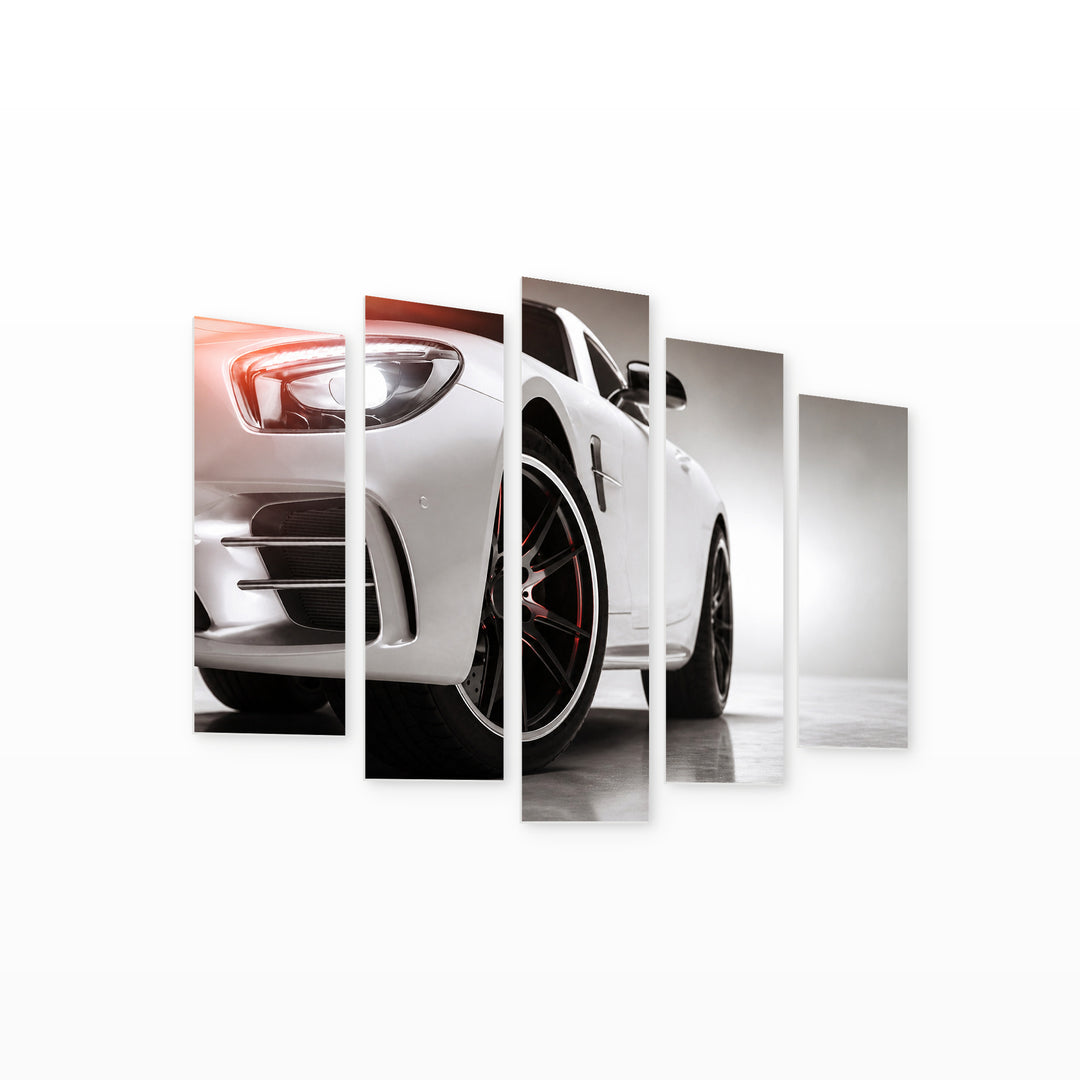 White Sports Car with Dramatic Contrast — five-panel wall art on white background in perspective | 5wallart 54426 M1