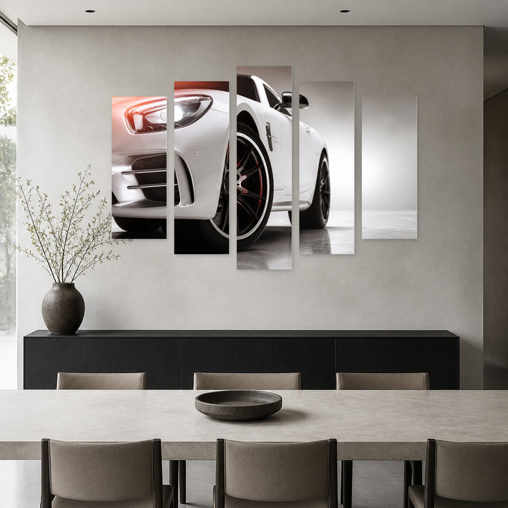 White Sports Car with Dramatic Contrast — five-panel wall art in frontal interior | 5wallart 54426 M3