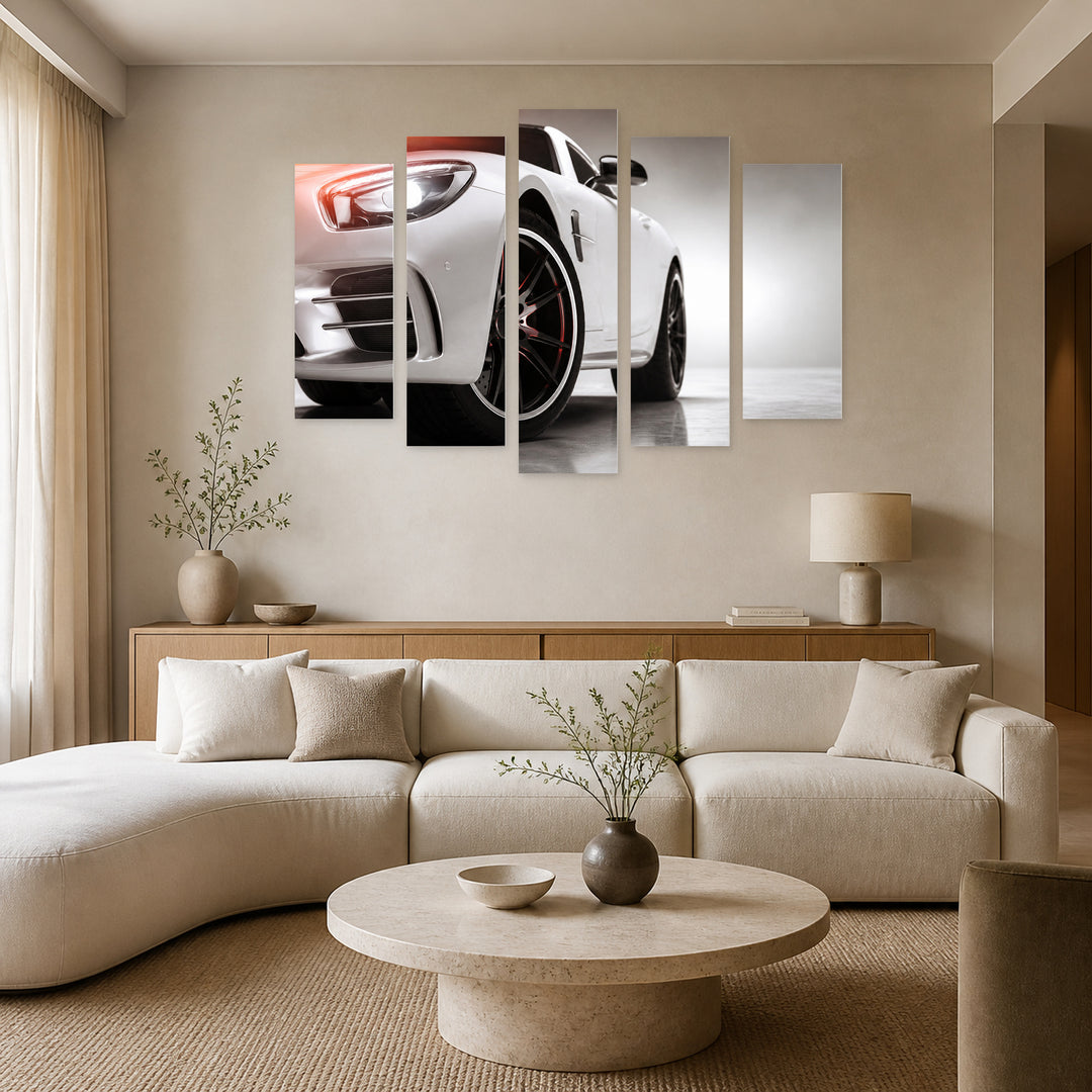 White Sports Car with Dramatic Contrast — five-panel wall art in alternate frontal interior | 5wallart 54426 M4
