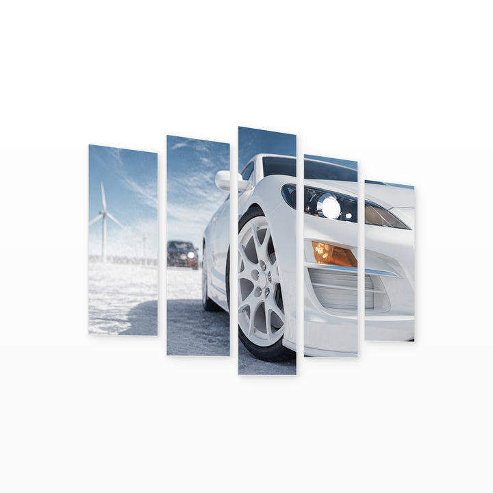 Modern White Car in Winter — five-panel wall art on white background in perspective | 5wallart 54427 M1