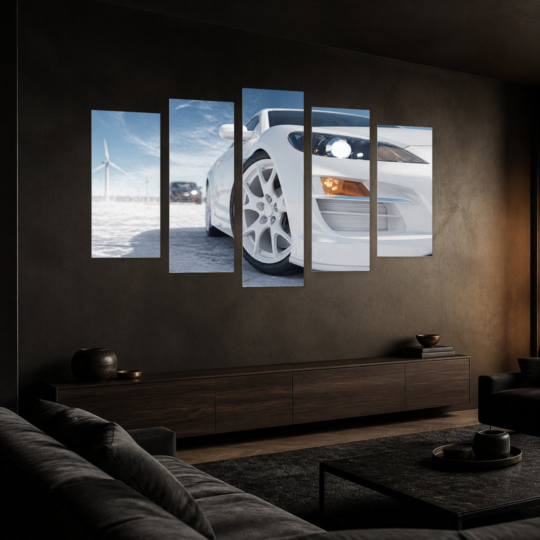 Modern White Car in Winter — five-panel wall art in perspective interior | 5wallart 54427 M2