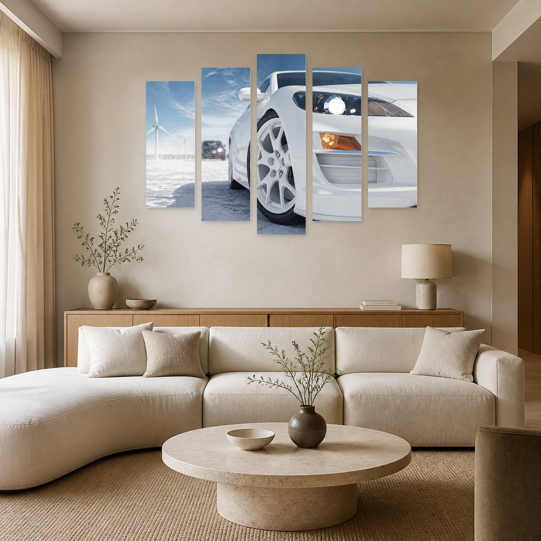 Modern White Car in Winter — five-panel wall art in frontal interior | 5wallart 54427 M3