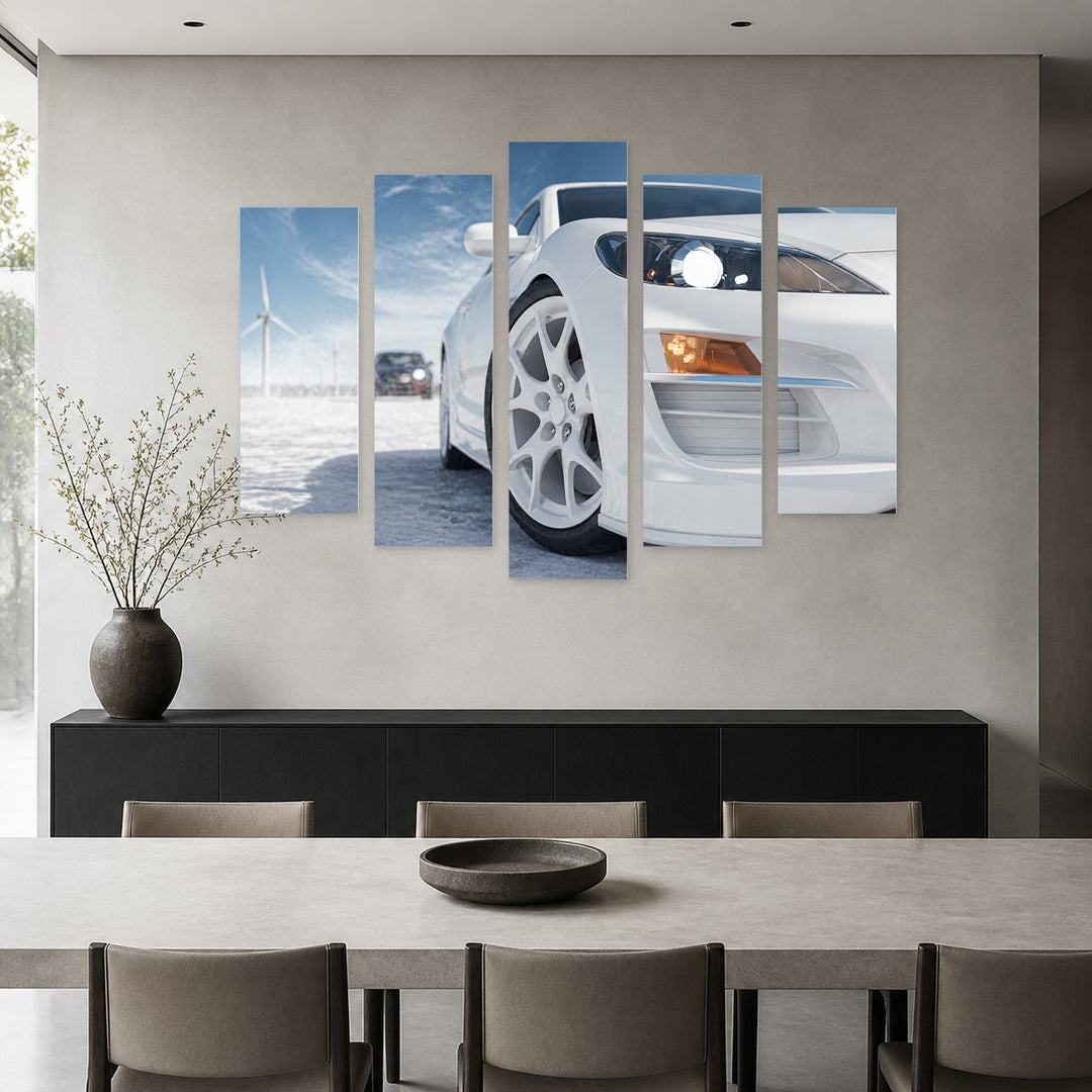 Modern White Car in Winter — five-panel wall art in alternate frontal interior | 5wallart 54427 M4