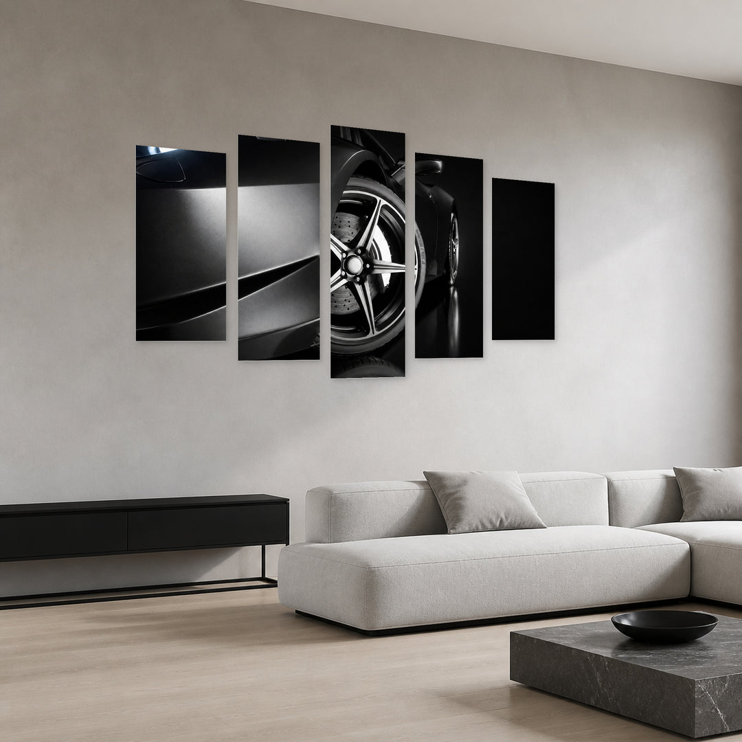 Black Sports Car with Dramatic Contrast III — five-panel wall art in perspective interior | 5wallart 54428 M2